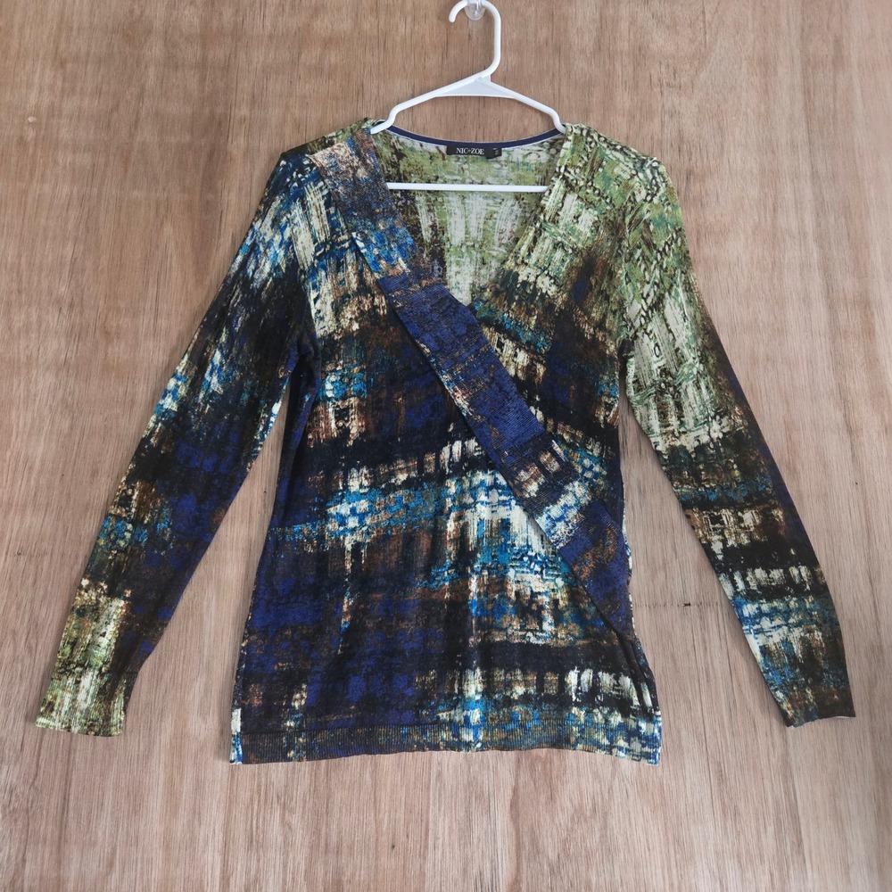 NIC+ZOE Silk Linen Blend Abstract Print Faux Wrap Sweater Blue Green PM